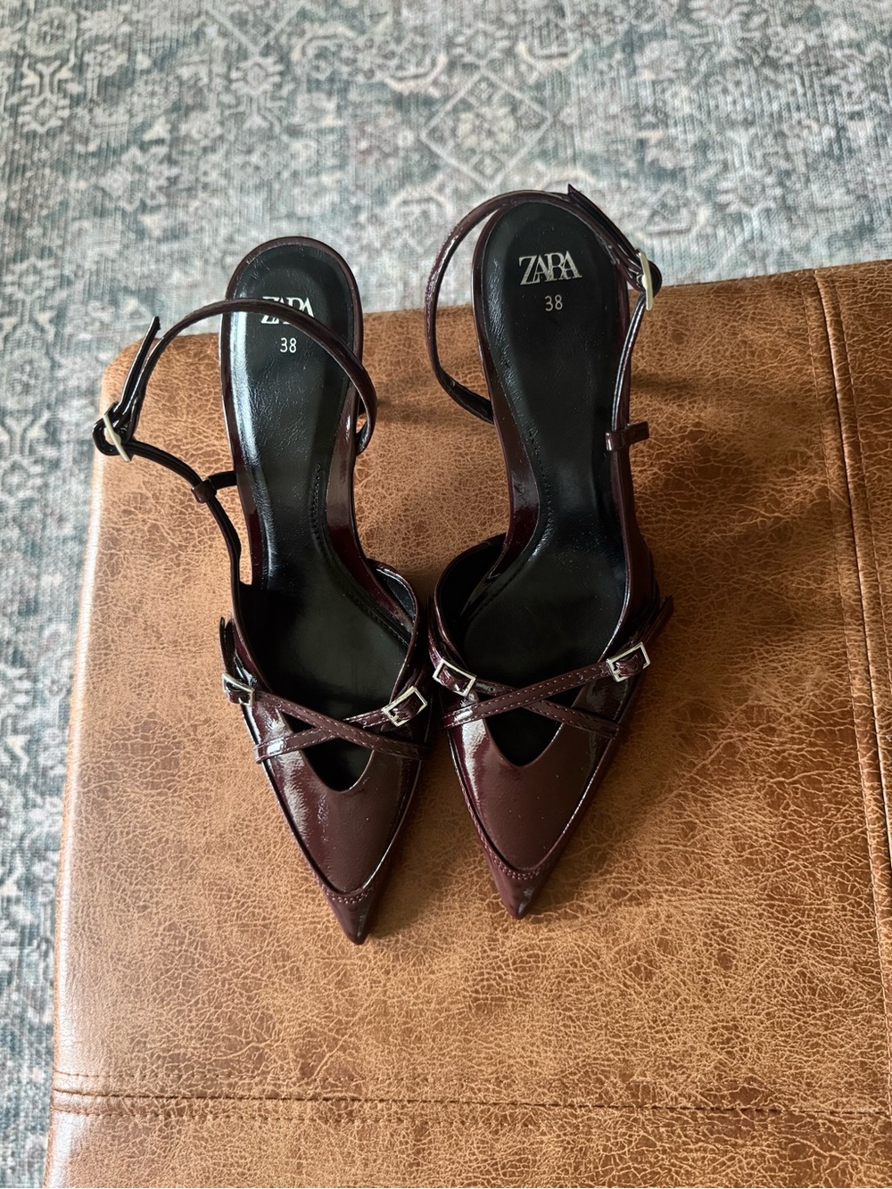 Zara Burgundy Pointed Slingback Heels with Crisscross Straps